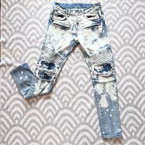 DOPE // BUCKLE Men’s Button Fly Distressed Bleached Moto Tapered Leg Jeans 30